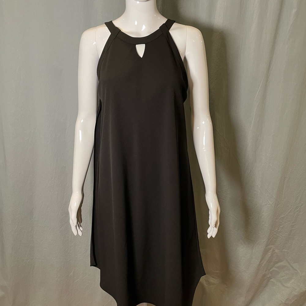 Tahari Halter Keyhole Shift Hankerchief Black Flowy Asymmetrical High Neck SALE